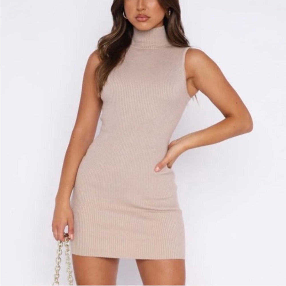 white fox boutique taupe ribbed turtleneck sleeveless mini dress